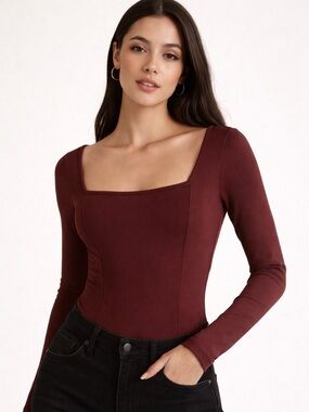 Abercrombie & Fitch Square Neck Long-Sleeve Bodysuit in Wine
